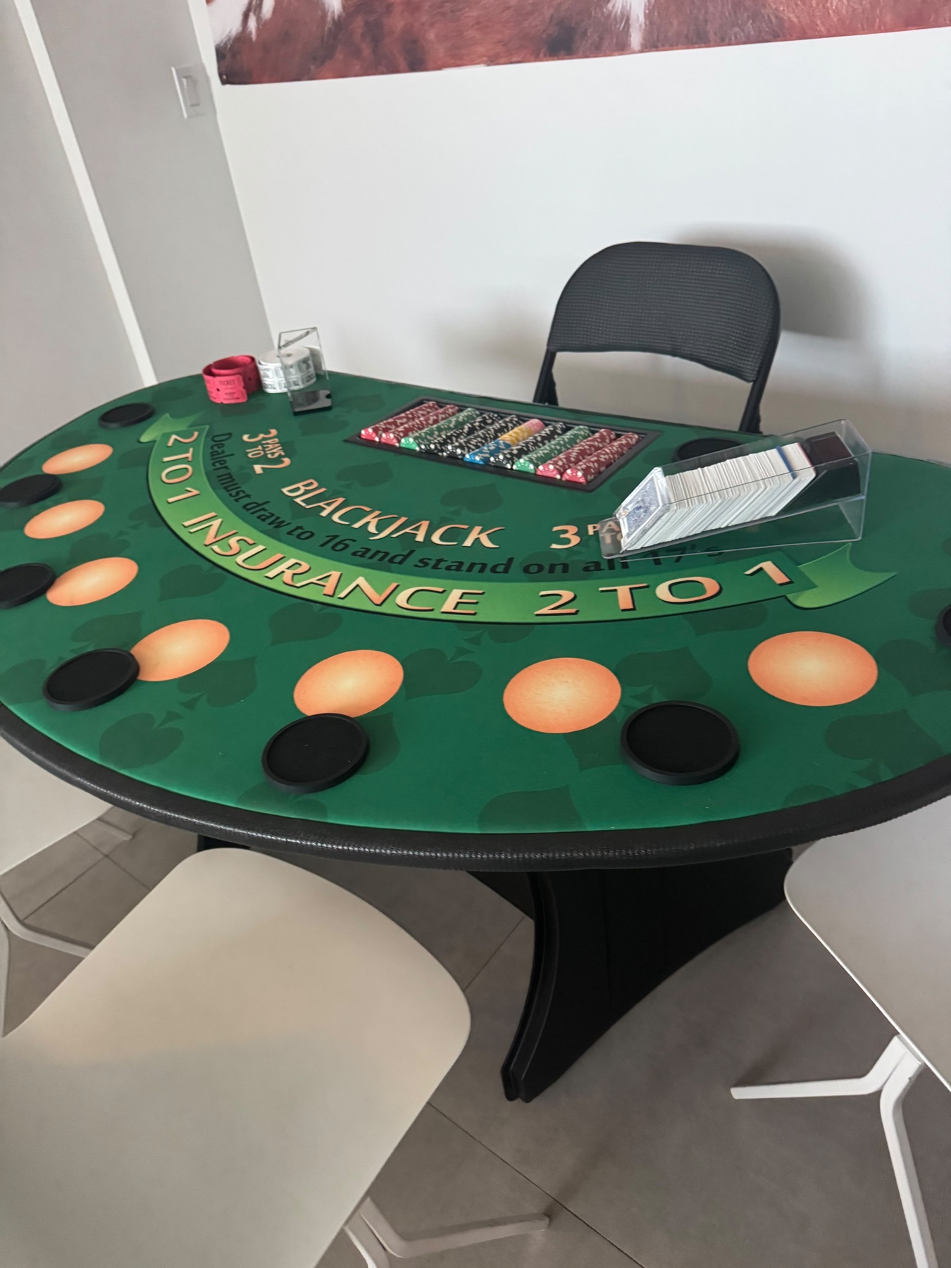 Full-size blackjack table set up in a private home for a house party