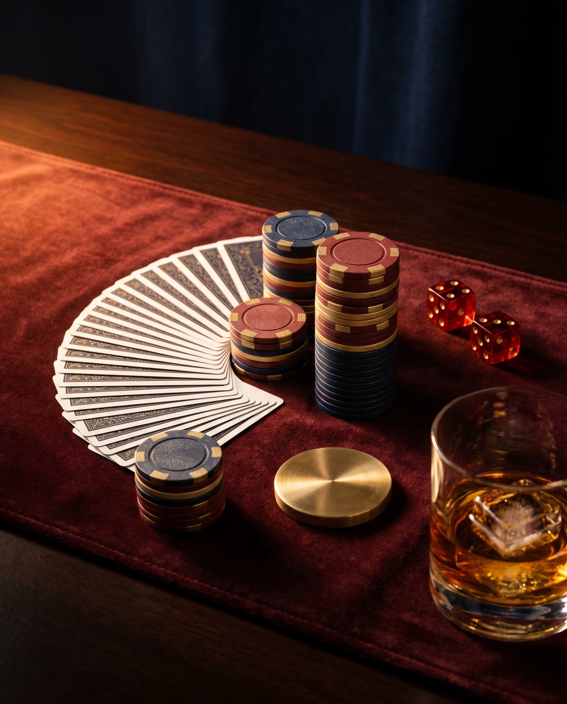 Cards, chips, and a glass on green felt at a private casino night