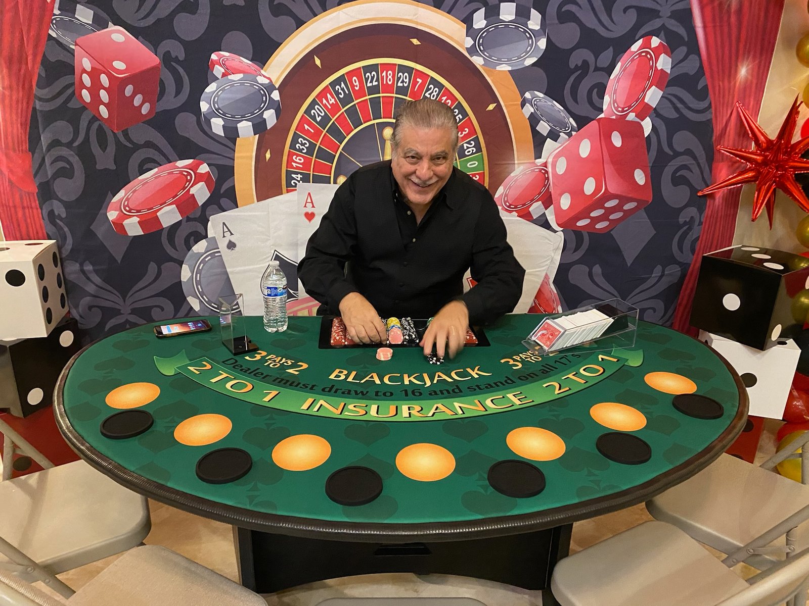 Professional blackjack dealer in uniform at a corporate event